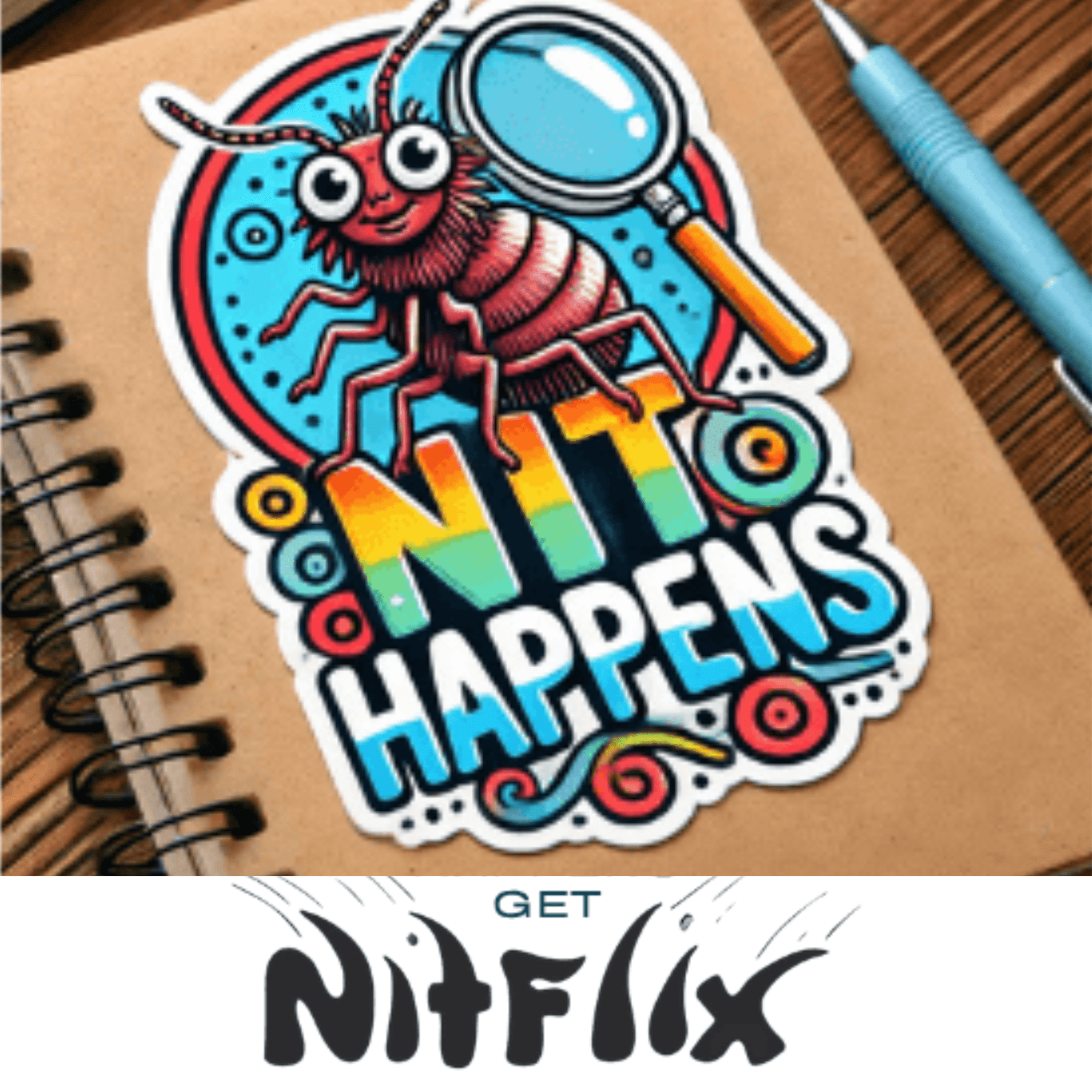 Notebook cover with cartoon sticker of a hair lice and the text "Nit Happens"